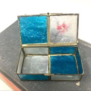 Vintage Dyed Teal Blue Cream Shell Brass Hinged Pill Jewelry Incense Match Box